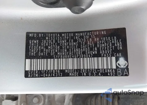 2016 Toyota Corolla Le z USA, uszkodzony, nr VIN 5YFBURHE4GP389047